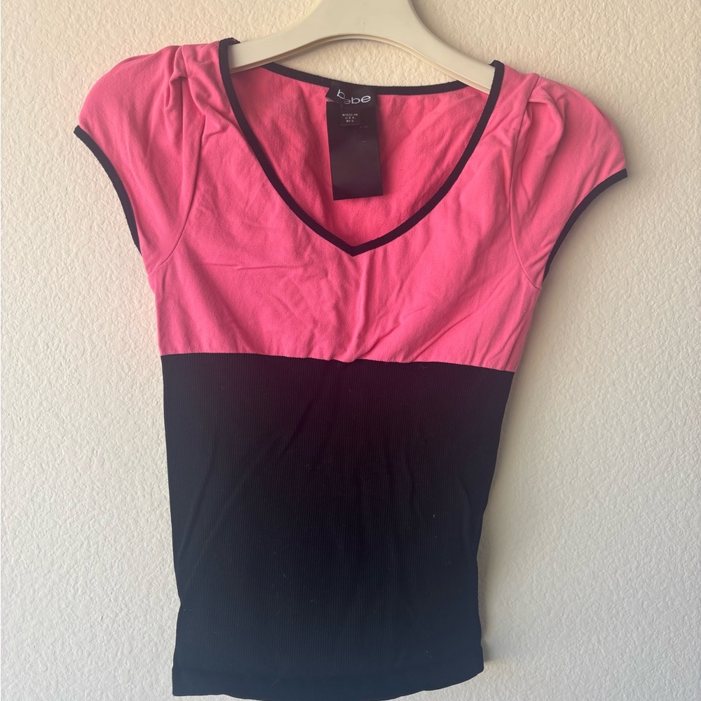 bebe Pink and Black V-Neck Blouse